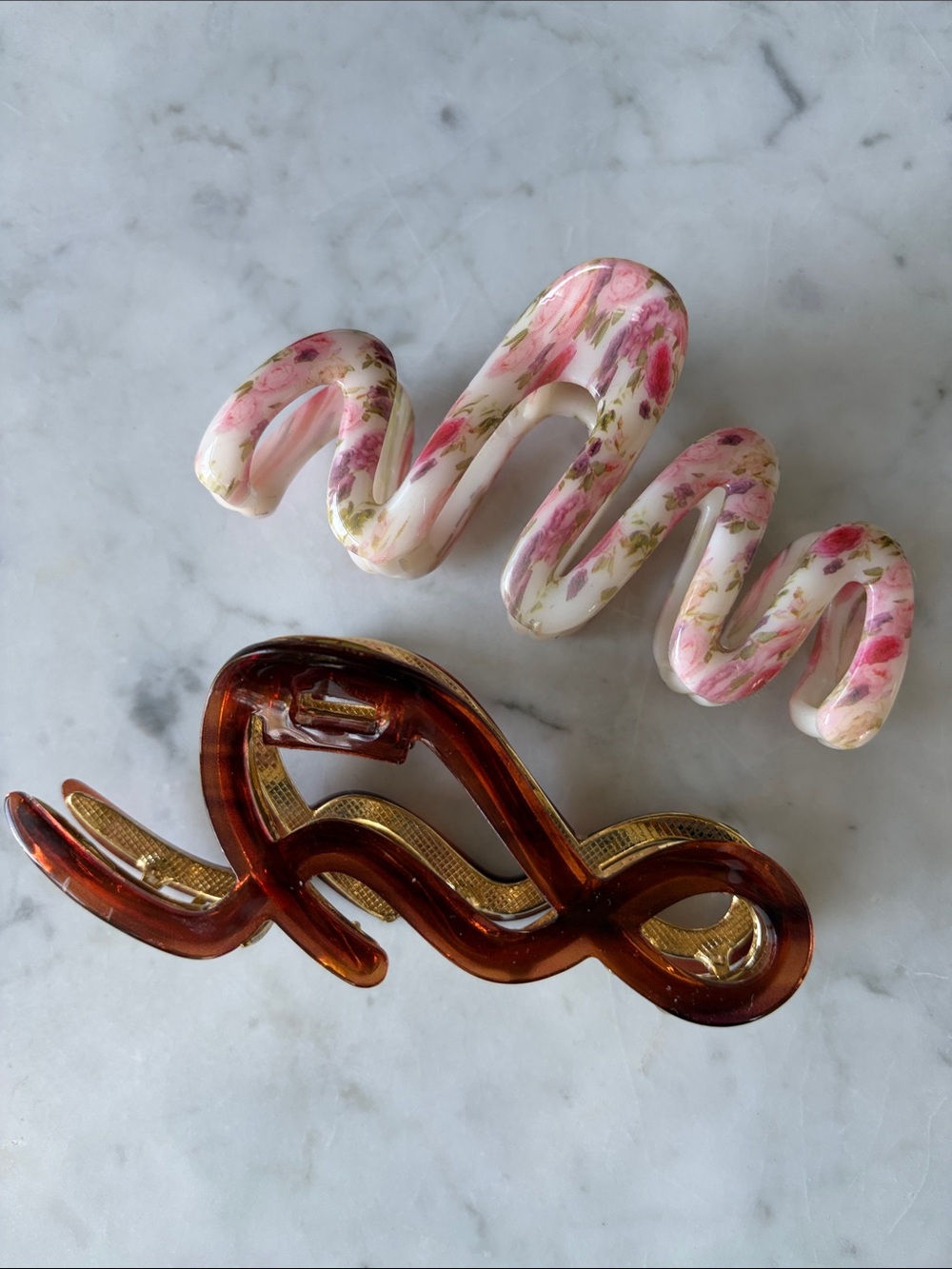 Free People 2 Hair Clips Pink Floral Swirl Accent and Brown Gold